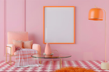 Wall art mockup of vertical blank frame, checkered floor and pink wall. Preppy room interior. Pastel Y2K aesthetic.