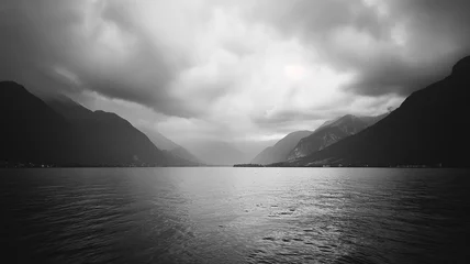 Wandcirkels tuinposter Black and white photography of the lake, dark with clouds. Landscapes photography © Furkan