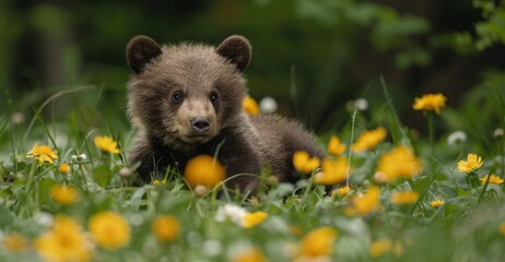 A charming young bear cub is having fun on the yellow-flowering grass.