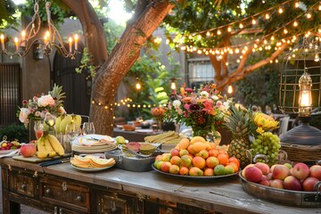 Summer Soiree: Festive decorations, twinkling lights, and tables adorned with fresh fruits and flowers, setting the scene for a delightful outdoor gathering under the summer star