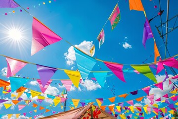 Festival Vibes: Colorful banners, vibrant flags, and festive tents creating a lively atmosphere, perfect for promoting outdoor events and festivals