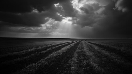 Black and white photography of the meadow, dark with clouds. Landscapes photography