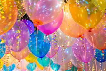Balloons, confetti, and party decorations evoking the joy and excitement of festive celebrations, perfect for promoting community events and cultural festivals