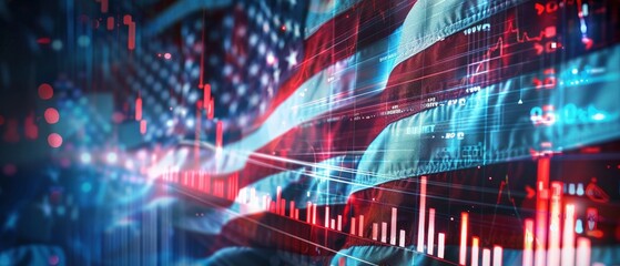 An American flag and financial graphs are displayed twice, signifying the nation's economic sway over the world. - obrazy, fototapety, plakaty