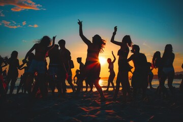 Fototapeta premium Silhouettes sway in a vibrant sunset at a tropical beach dance party, epitomizing summer joy.