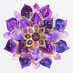 A purple mandala flower with gold accents. The flower is a symbol of love and peace