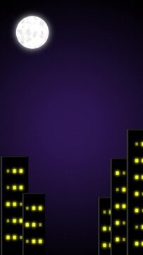 Silhouetted Urban Skyline Animated Against Twinkling Night Sky, Purple Shooting Stars, and Glowing Moon