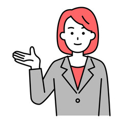 右手で紹介するスーツの女性
