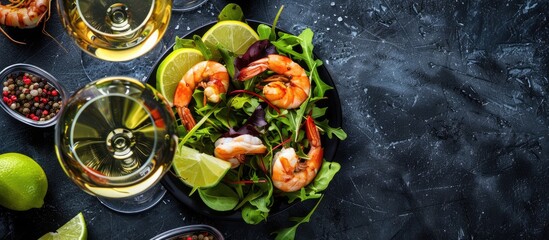 A glass of white wine, a medley of delectable seafood, fresh salad, and lime slices arranged on a black surface. Space available for your text.