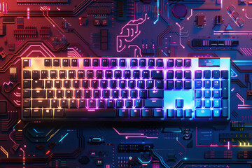 colorful glowing neon computer keyboard with a circuit board background. concept for gaming, technology and cyber security - obrazy, fototapety, plakaty