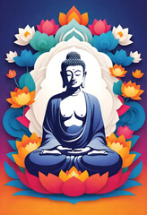 a poster with a picture of a buddha in a frame, surrounded by lotus flower