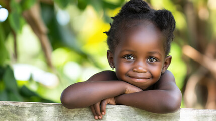 Cheerful African child with a bright smile leans on a wooden fence, her joy and innocence radiating warmly.