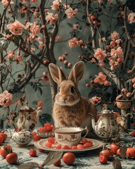 A whimsical tea party with anthropomorphic animals and clockwork contraptions, retro aesthetic, collage of a 70s style, contemporary art. classic illustration of a 50s era, vintage & pop background