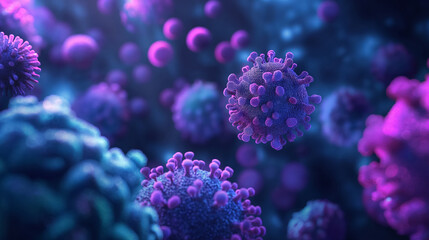 3D-rendered virus particles with neon blue and purple hues indicating a microscopic world.