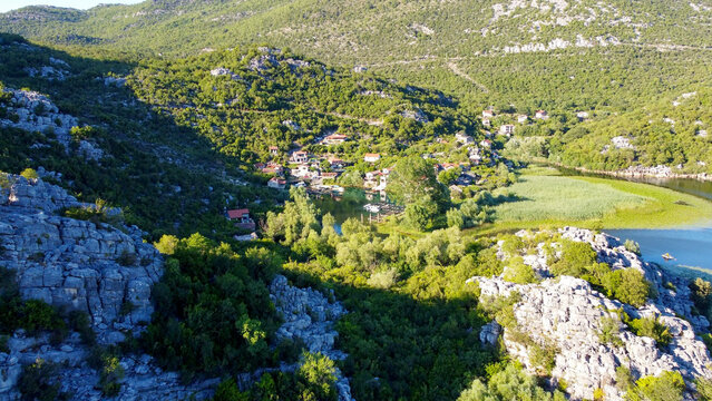 aerial pictures made with a dji mini 4 pro drone over Karuc village and river, in Montenegro