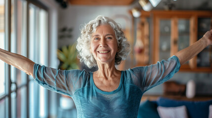 Joyful and fit older lady doing a cross-arm stretch in a calm yoga session at home