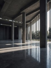 Minimalistic concrete interior with angular columns and modern design.