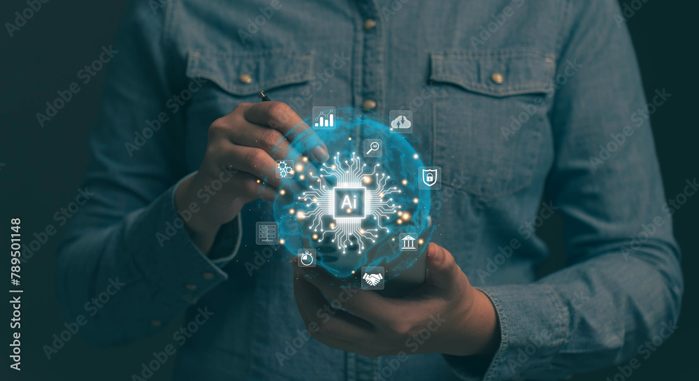 Poster AI technology, artificial intelligence. The use of AI technology has come before in the work of finding various information in the world with search commands.