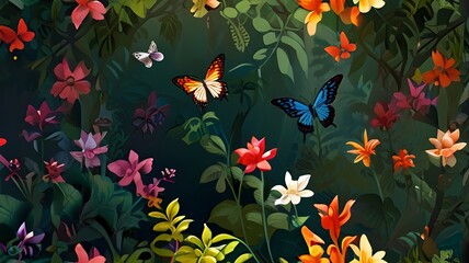 flowers and butterflies - obrazy, fototapety, plakaty