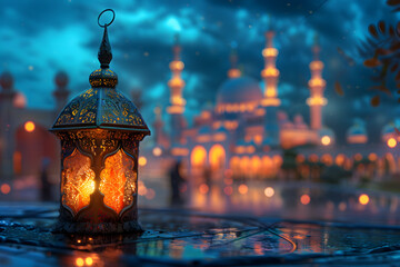 Fototapeta premium A colorful mosque and a lantern glowing in the evening light during a night in Ramadan.