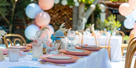 a table covered in pink, pastel blue, and white dishes. One wooden chair is situated in front of the tables. - obrazy, fototapety, plakaty
