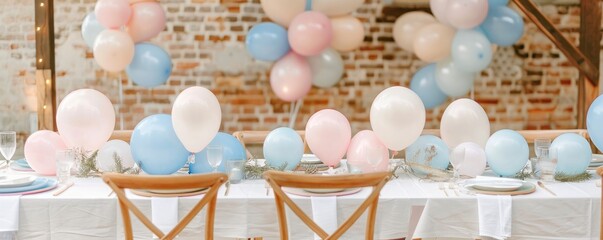 a table covered in pink, pastel blue, and white dishes. One wooden chair is situated in front of the tables. - obrazy, fototapety, plakaty
