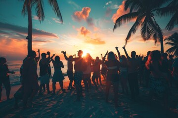 Silhouettes sway in a vibrant sunset at a tropical beach dance party, epitomizing summer joy.