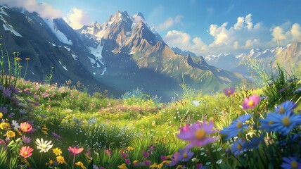 In a remote mountainous region, a hidden alpine meadow blooms with an abundance of wildflowers, their vibrant petals kissed by the morning dew.

 - obrazy, fototapety, plakaty