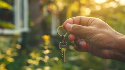 close up to hand holding key outdoor front of home 