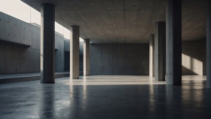 Minimalistic concrete interior with sleek columns and sparse decor.