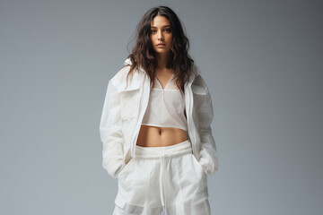 Woman Posing in White Pants and Jacket: Translucent Medium Style