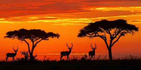 Fototapeta na wymiar beautiful African sunset with the silhouettes of antelope and gazelles in the background