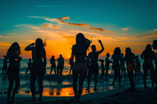 Silhouettes sway in a vibrant sunset at a tropical beach dance party, epitomizing summer joy.