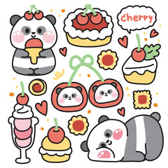 Set of cute panda bear various poses in cherry bakery concept.Chinese wild animal character cartoon design.Ice cream,cake,cookies,pie,heart,fruit drawn collection.Kawaii.Vector.Illustration - obrazy, fototapety, plakaty
