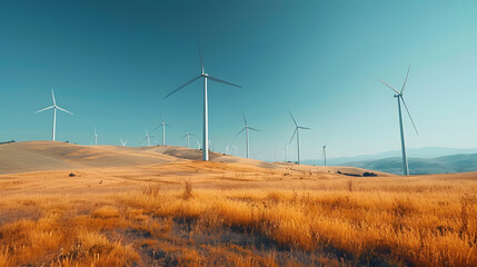 Wind turbines on hill in field generating electricity in natural landscape - obrazy, fototapety, plakaty