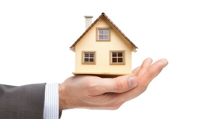 one hand wearing suit holding house. white background