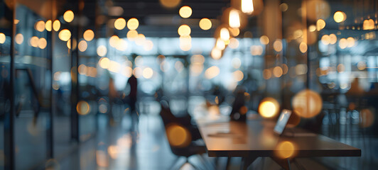 This image captures the ambient interior of a modern eatery with out-of-focus lights and furnishings, creating a cozy atmosphere