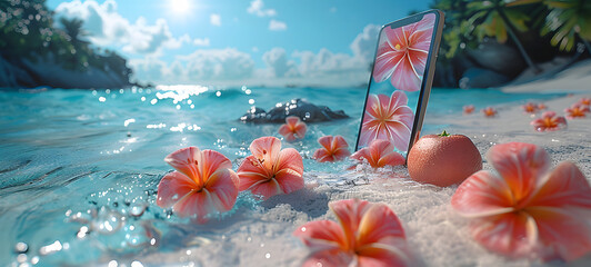 Mobile phone with tropical flowers on the beach. 3d rendering, displaying a tropical beach wallpaper, surrounded by hibiscus flowers and a clear blue sea under sunlight