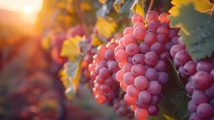 Vibrant and close-up shot of sun-kissed grapes hanging from a vine in a vineyard during the golden...