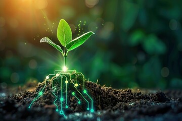 Abstract digital green plant with electronic circuit board and energy sun light concept growing in soil - obrazy, fototapety, plakaty