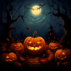 halloween background with pumpkins spooky halloween illustration for  kids crowd pumpkin in the space middall night moon - obrazy, fototapety, plakaty