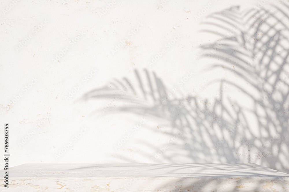 Wall mural empty aged white painted table top for product display with palm leaf shadows on abstract texture wa