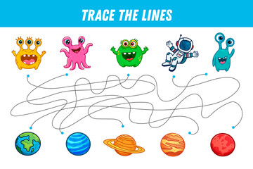 Find the way. Cute monsters and planets. Space elements. Educational game for preschool kids. Activity page. 