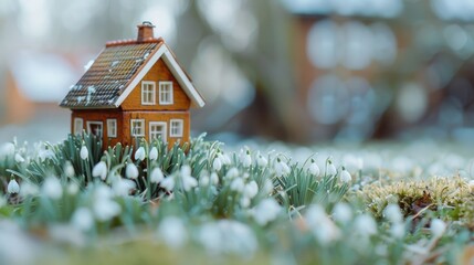 little house on green grass, macro photography, nice one family house with 2 floors, chalet, wooden made, no grass on house, white snowdrop flowers, springtime - Powered by Adobe