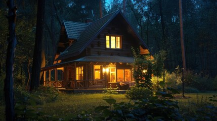 Rustic. suburban house at night with lights on inside.