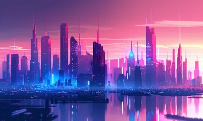 Gordijnen Capture a breathtaking panoramic view of a futuristic cityscape in a sleek, minimalist style, using vector art technique © NookHok