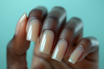 Elegant beige manicure on long coffin nails against a teal background - obrazy, fototapety, plakaty