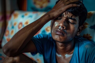 A young Indian man sits at home sick on the sofa and drops medicine in his eyes, Generative AI