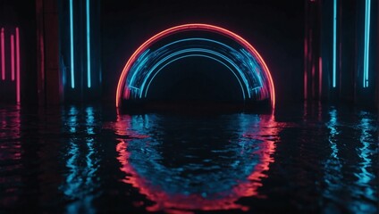 Modern futuristic neon abstract background. Circular object in the center, space background. Dark scene with neon light. Reflection of light on a wet surface.