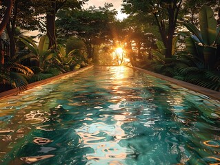 Tranquil Tropical Swimming Pool at Enchanting Sunset Reflecting the Golden Rays of Dusk in Lush Verdant Surroundings
